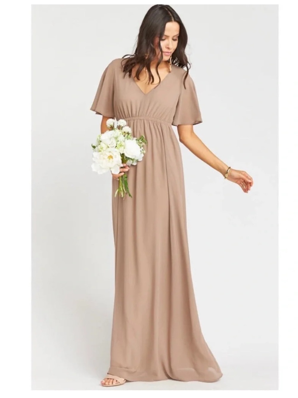NWT Show Me Your MuMu Emily Empire Flutter Sleeve V-Neck Maxi Dress in Dune Sz L